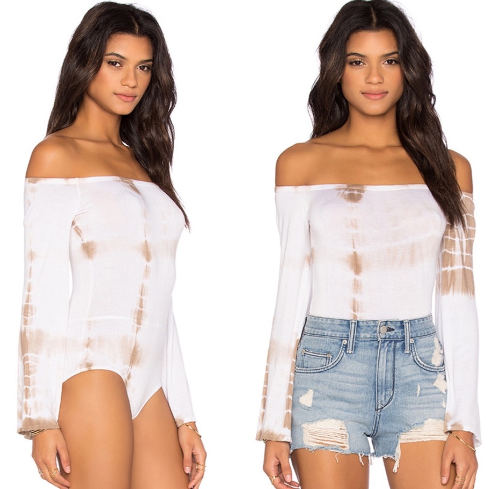 NWT Anthropologie NYTT Brigitte Off Shoulder Bodysuit Taupe Tie Dye - Picture 3 of 4